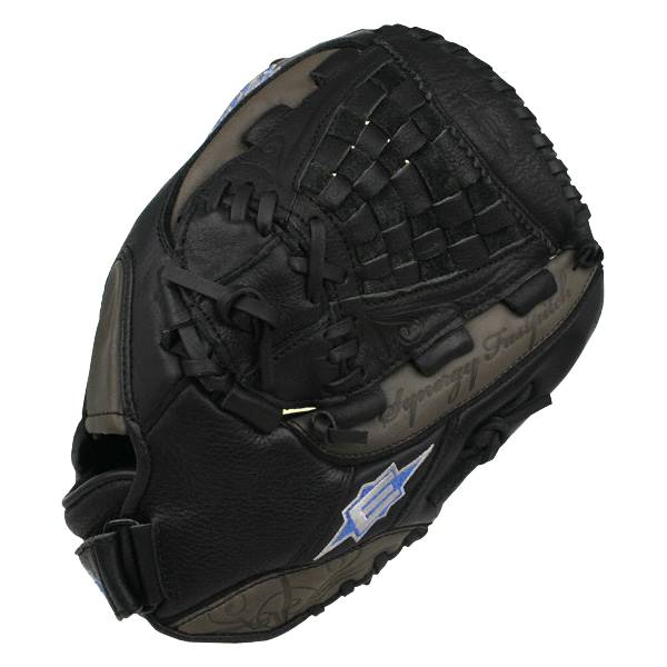 Side view of a black fastpitch glove with a woven web, Synergy Fastpitch text, and a blue lightning bolt logo.