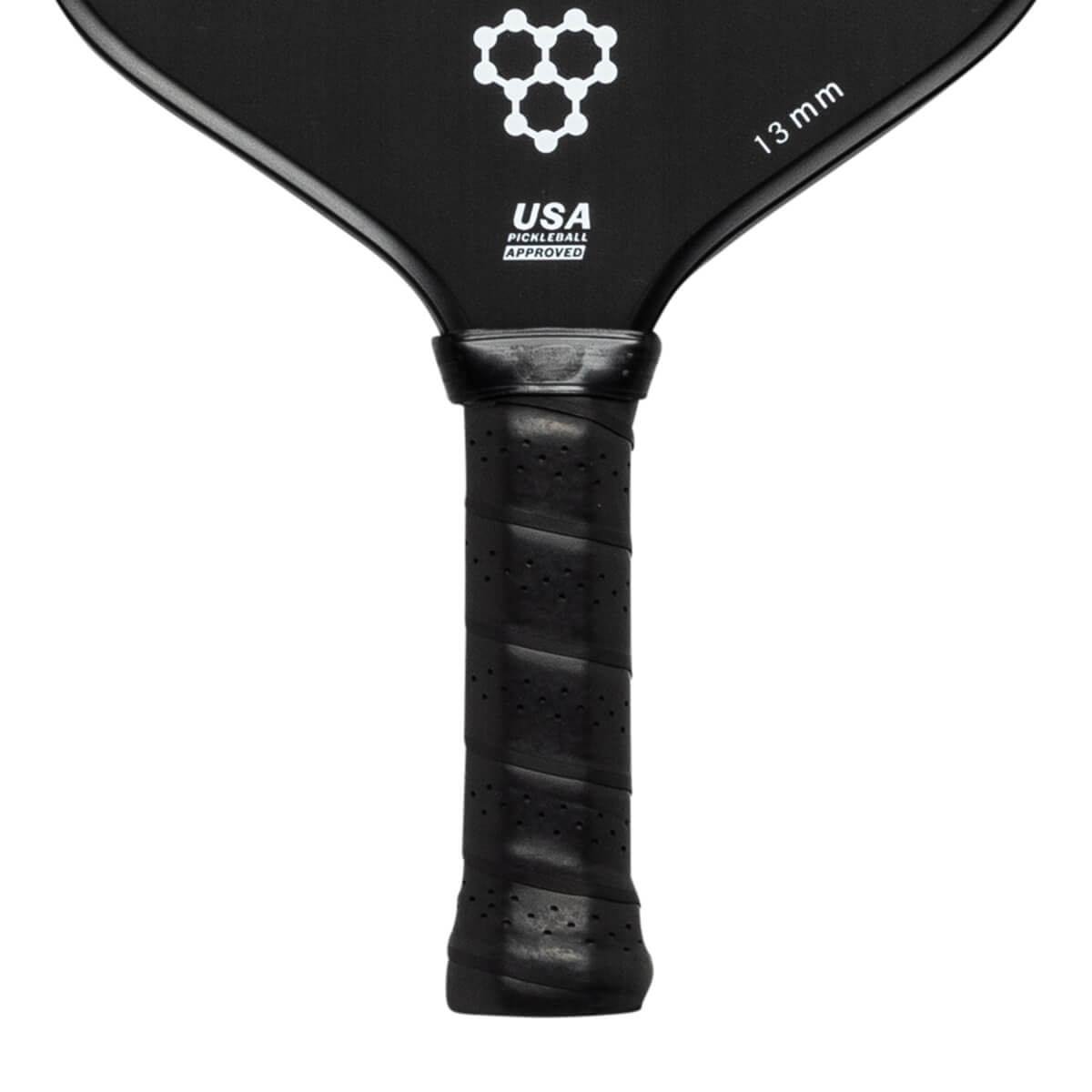Close-up of a black pickleball paddle with a perforated grip, USA PICKLEBALL APPROVED text, and 13 mm marking.