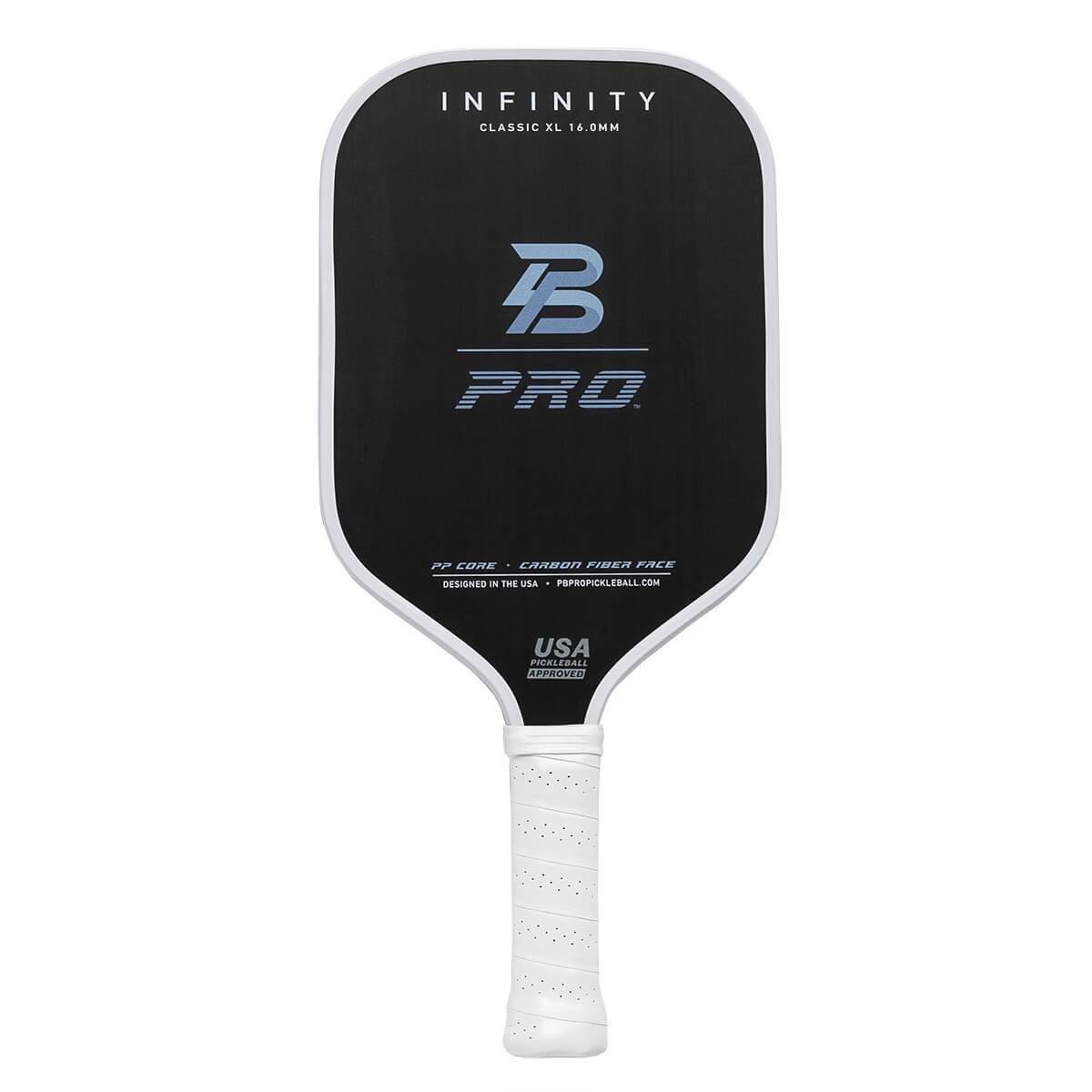Front view of a black pickleball paddle with white grip, INFINITY PRO text, and USA PICKLEBALL APPROVED logo.