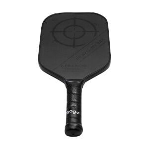 Front view of a black pickleball paddle with a target design, PURSUIT MX, and ENGAGE text.