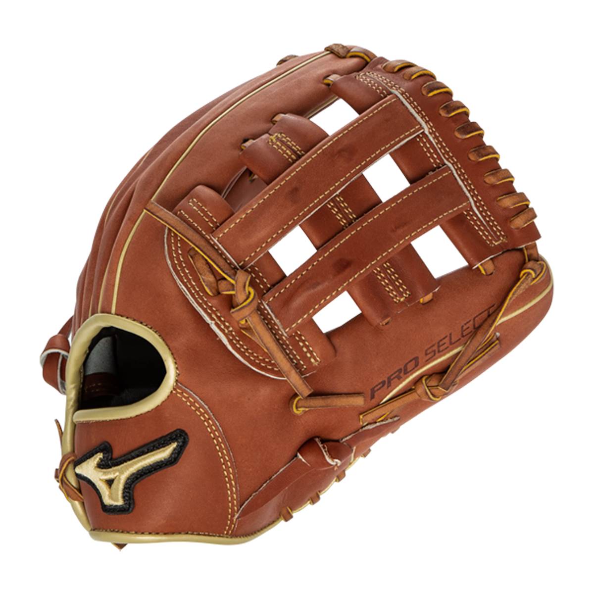 Side view of a brown baseball glove with a webbed pocket and PRO SELECT text.