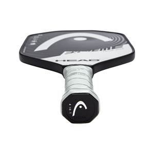 Top-down view of a black pickleball paddle with white HEAD branding and a silver grip.