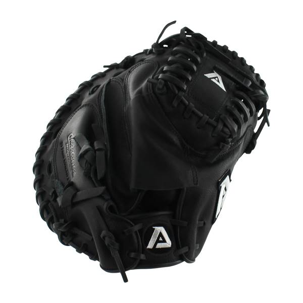 Side view of a black catchers mitt with white A logos and detailed lacing.