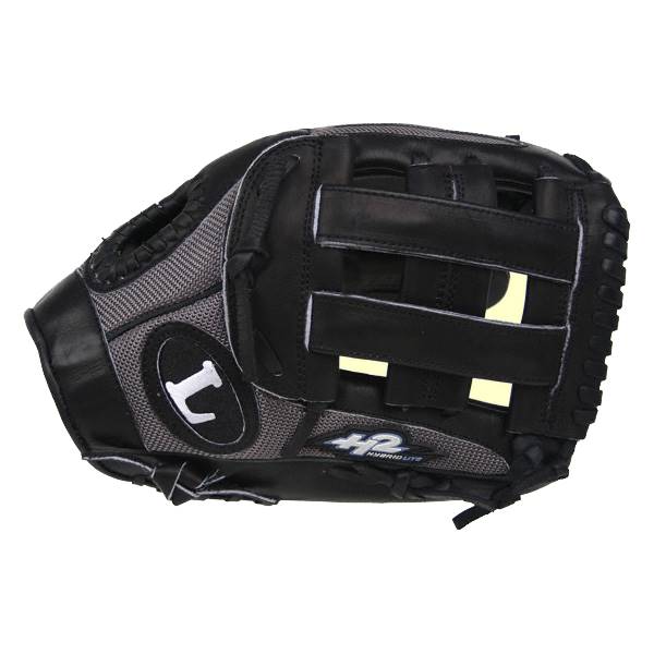 Side view of a black baseball glove with white L logo and H2 Hybrid Lite text.
