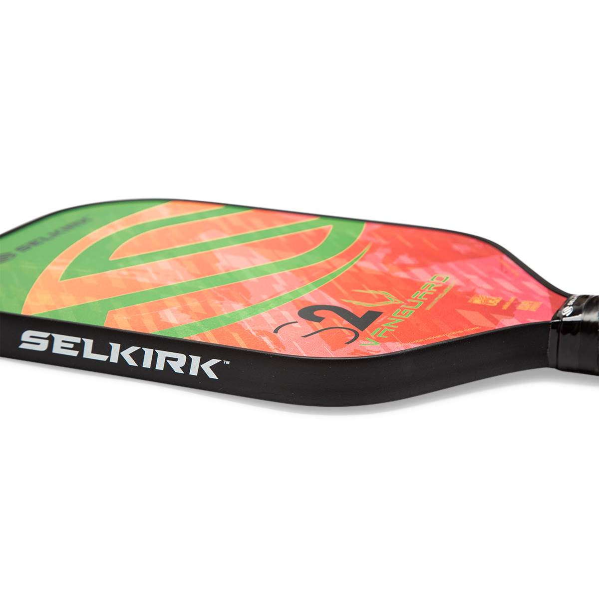 Side view of a red and green pickleball paddle with Selkirk branding and a large 2 graphic.