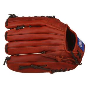 Side view of a brown baseball glove with lacing and a blue patch.
