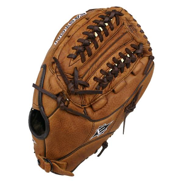 Top-down view of a brown Easton baseball glove with dark brown lacing and a white Easton logo.