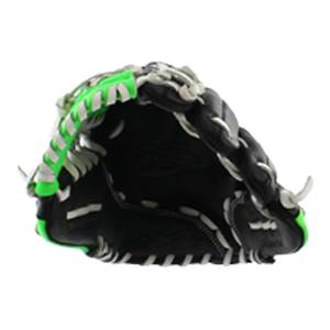 Interior view of a black baseball glove with green and white lacing.