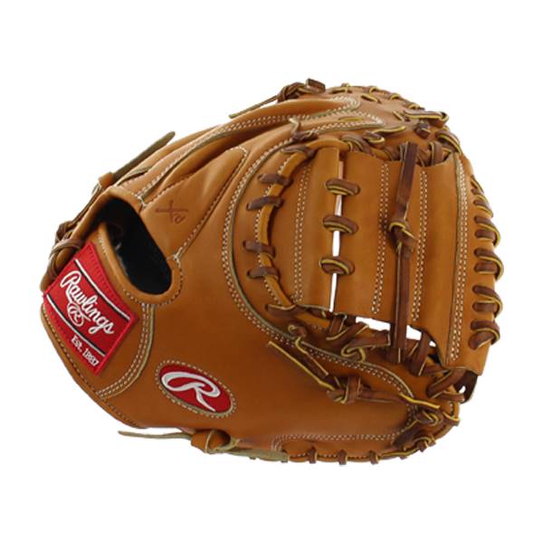 Side view of a tan Rawlings catchers mitt with red and white branding and tan lacing.
