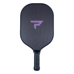 Front view of a dark gray pickleball paddle with a purple P logo and a black textured grip.