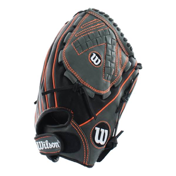 Side view of a black and gray fastpitch glove with orange stitching and Wilson branding.