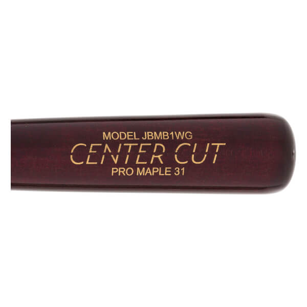 Side view of a dark wood baseball bat with gold lettering CENTER CUT and PRO MAPLE 31.