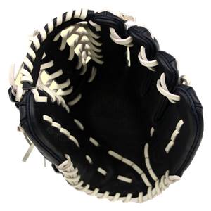 Top-down view of a black baseball glove with white lacing and a deep pocket.