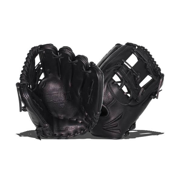 Front view of a black baseball glove with BLACKSTONE embossed on the palm and a textured surface.