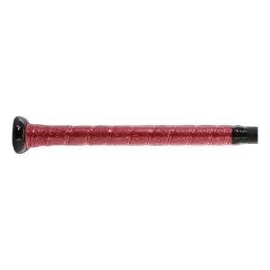 Close-up of a red bat grip with a textured pattern and black end cap.