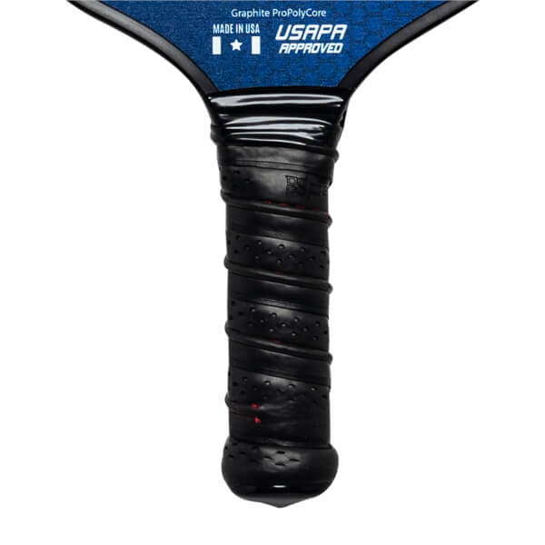 Close-up of a black pickleball paddle grip with USAPA APPROVED text and Graphite ProPolyCore label.