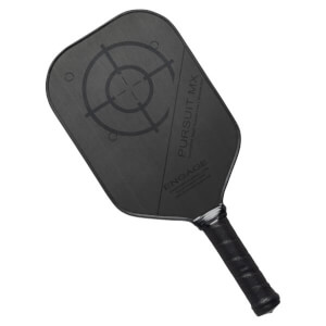 Top-down view of a black pickleball paddle with a target design, PURSUIT MX, and ENGAGE text.