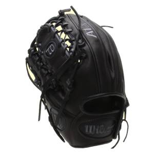 Side view of a black baseball glove with A1K and Wilson branding.