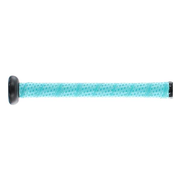 Side view of a teal softball bat grip with a black end cap and textured pattern.