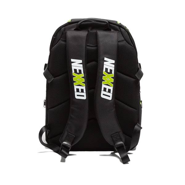 Back view of a black backpack with green NEXXED text on shoulder straps and lime green accents.