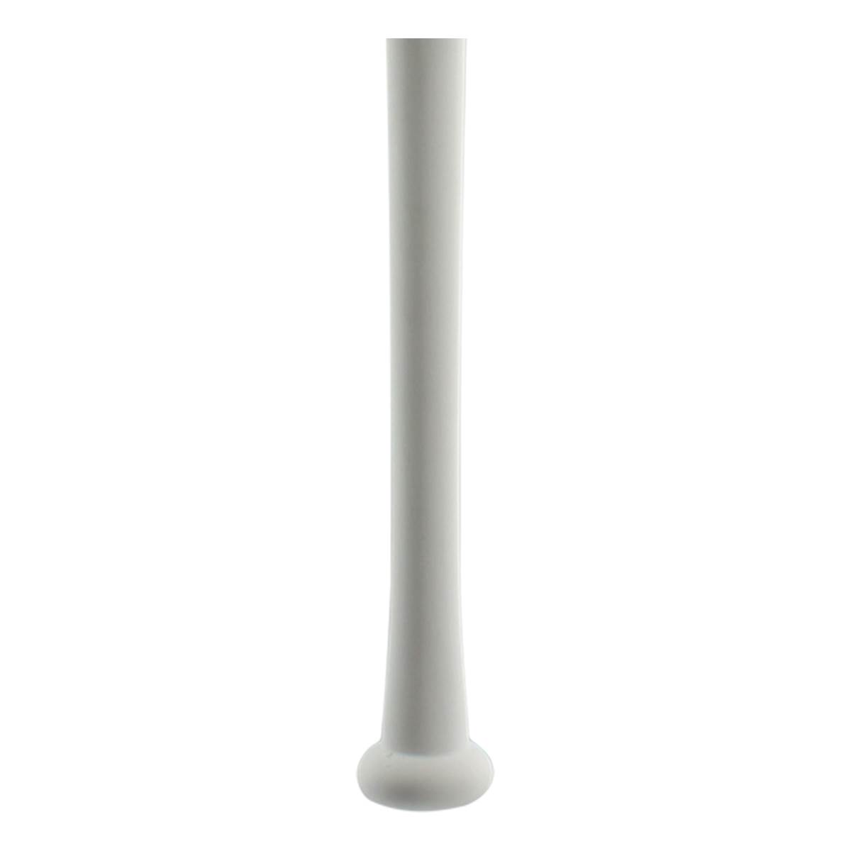 Side view of a white baseball bat with a smooth, tapered barrel and rounded knob.