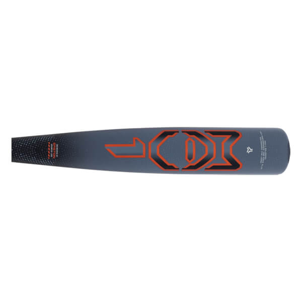 Side view of a dark gray baseball bat with a large orange and black geometric logo and a textured black grip.
