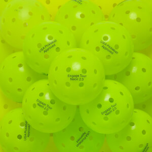Top-down view of neon green pickleballs with Engage Tour Neon 2.0 and USA Pickleball Approved text.