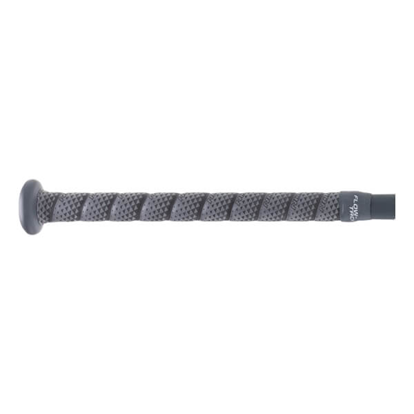 Close-up side view of a dark gray softball bat handle with a textured, spiraled grip and knob.