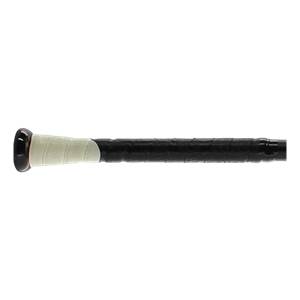 Side view of a black baseball bat with a white grip and black end cap.