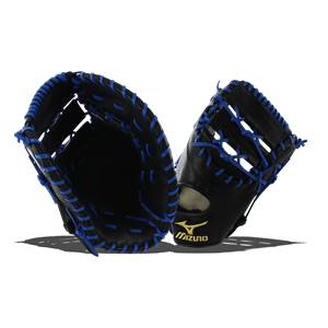 Side view of a black baseball glove with blue lacing and a Mizuno logo.