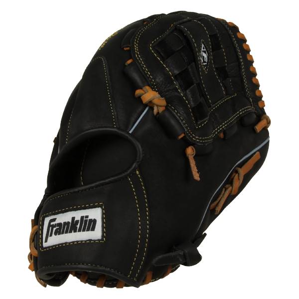 Side view of a black Franklin baseball glove with tan lacing and white stitching.