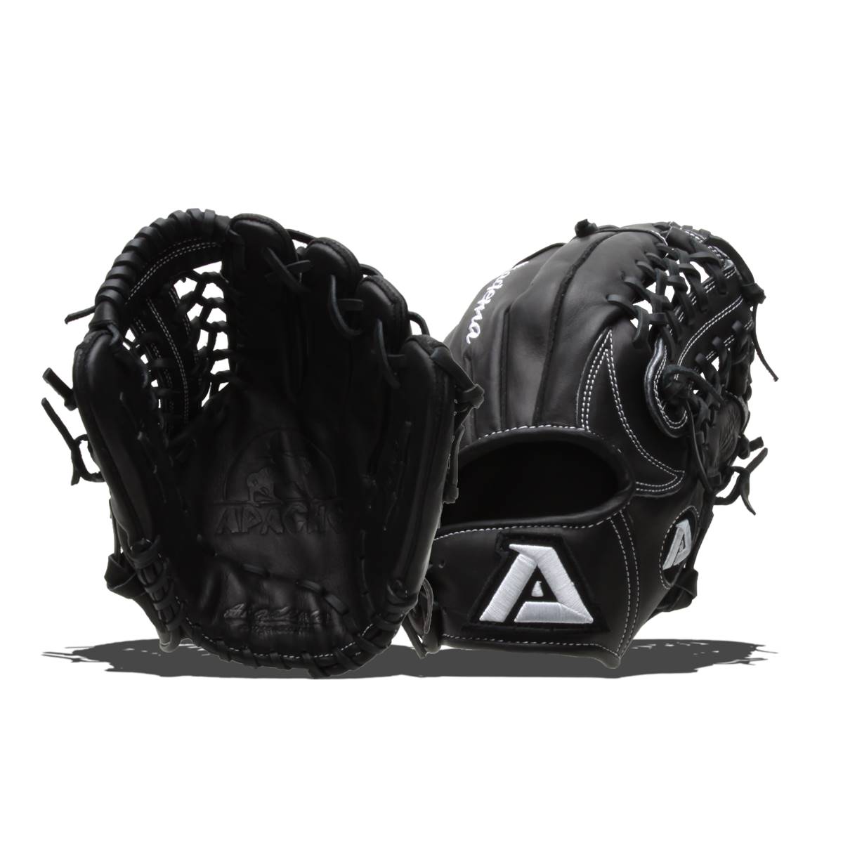 Front view of black baseball gloves with white stitching and a large white A logo.