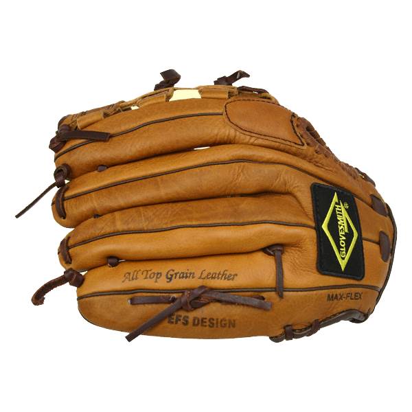 Front view of a tan baseball glove with All Top Grain Leather and MAX-FLEX text.