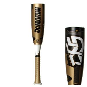 Front view of a gold baseball bat with black DeMarini branding and a textured grip.