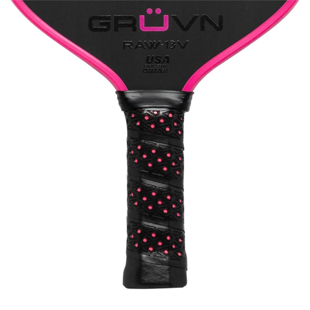 Close-up of a black GRUVN RAW-13V pickleball paddle with pink trim and a textured grip.