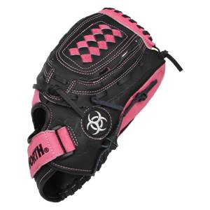Side view of a black and pink youth baseball glove with a diamond pattern and white logo.