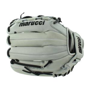 Side view of a white and black Marucci glove with visible Marucci branding on the palm and wrist.