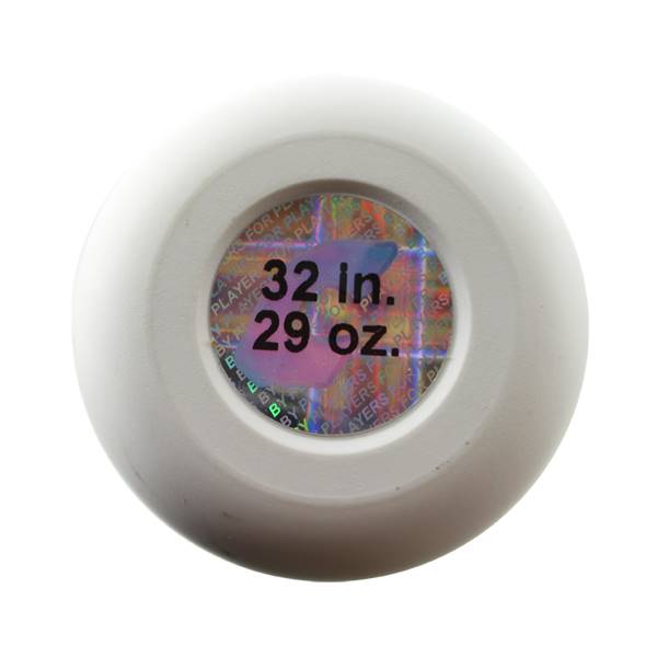 Top-down view of a white baseball bat end cap with a holographic sticker showing 32 in. 29 oz.