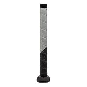 Close-up of a black baseball bat grip with silver accents and a black end cap.