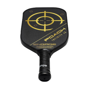 Front view of a black pickleball paddle with a gold target design, POACH INFINITY LX text, and ENGAGE logo.