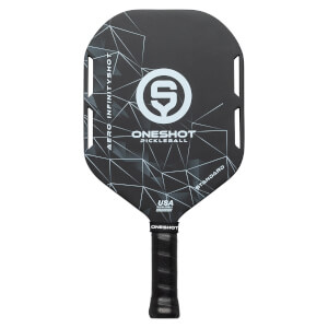 Front view of a black pickleball paddle with white geometric pattern, S logo, and text.