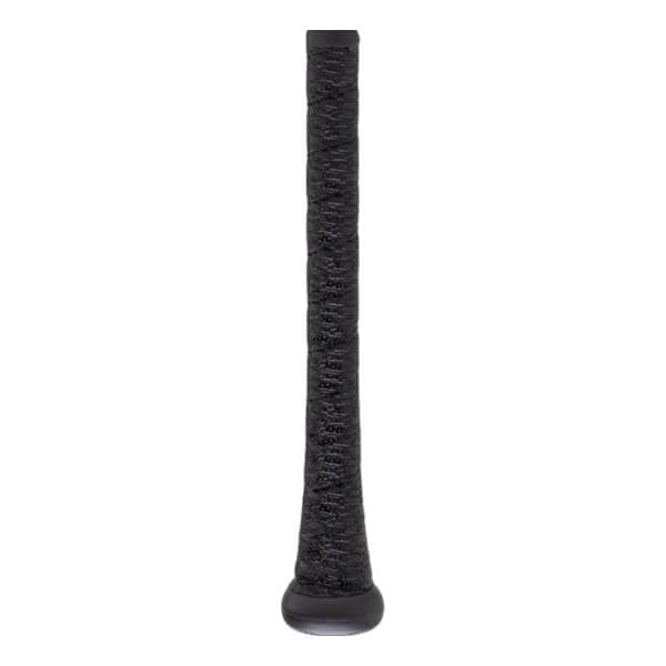 Close-up view of the baseball bat handle featuring black textured grip tape and a smooth, rounded black knob at the base.