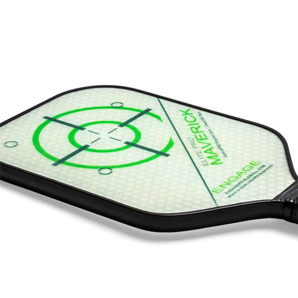 Corner view of a white pickleball paddle with a green target design and MAVERICK ELITE PRO text.