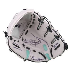 Top-down view of a white fastpitch glove with black lacing and teal accents.