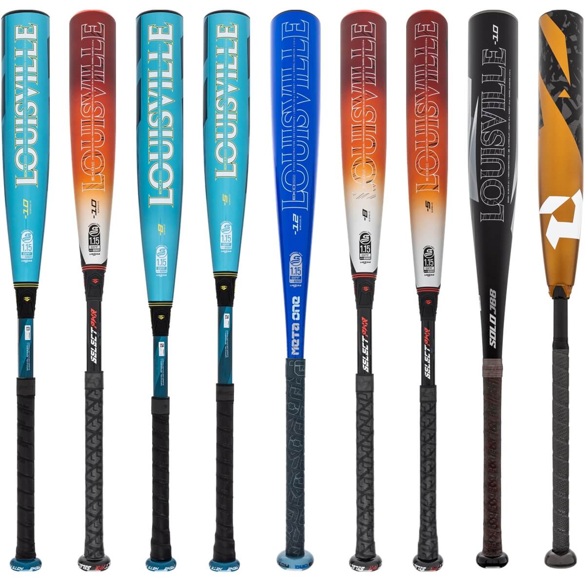 A selection of popular bats available in our USSSA Baseball 2-Pack Gold