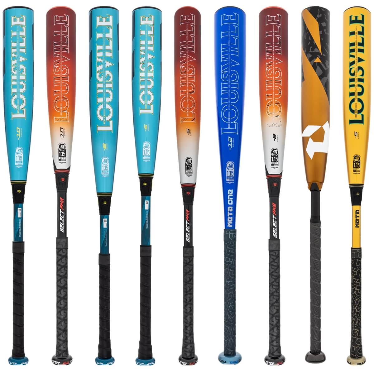 A selection of popular bats available in our USSSA Baseball 2-Pack Gold.