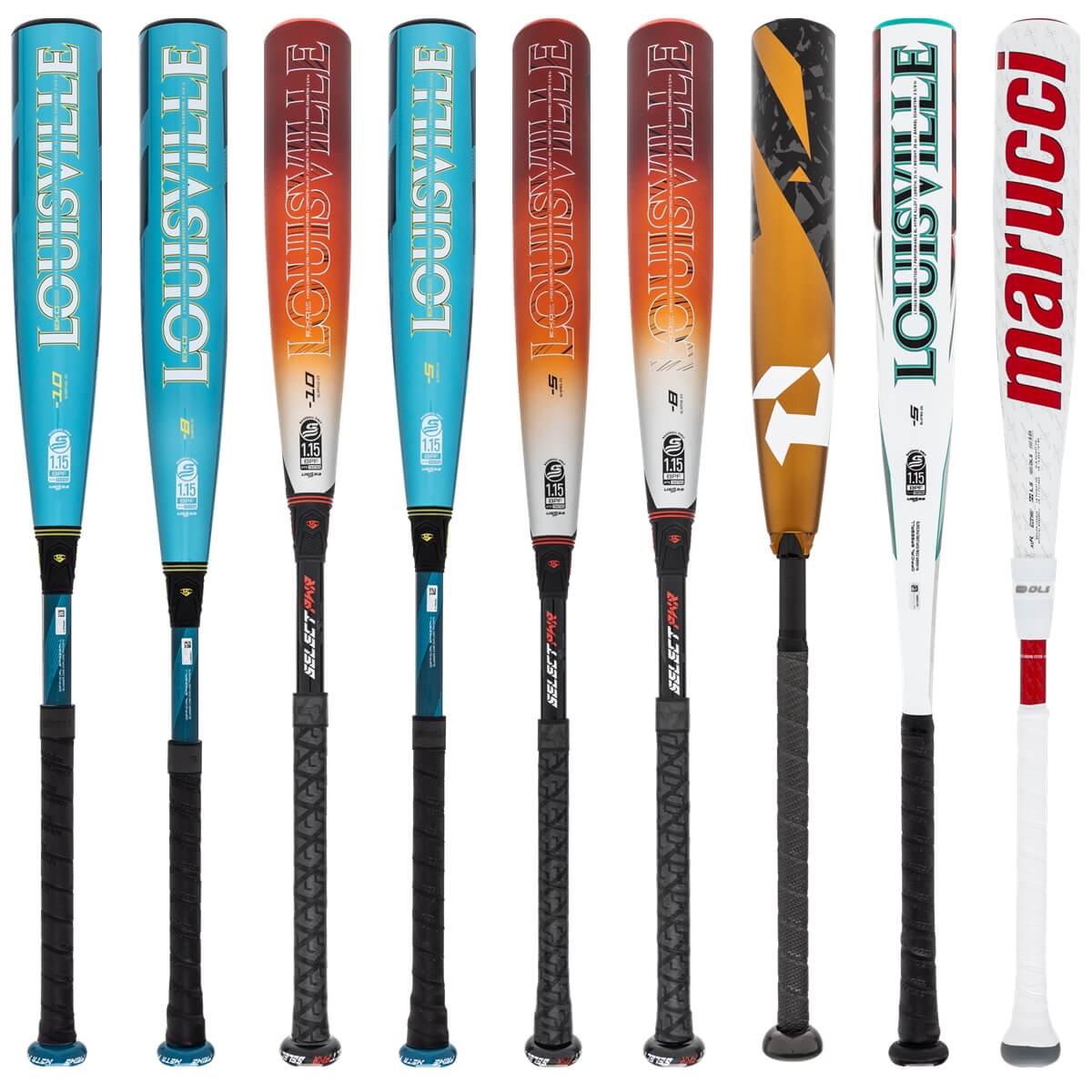 A selection of popular bats available in our USSSA Baseball 2-Pack Gold.