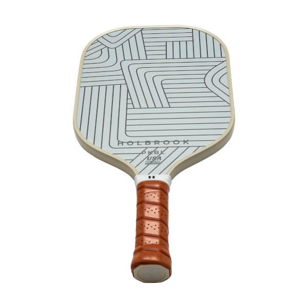 Front view of a light blue pickleball paddle with a geometric line design, HOLBROOK text, and a brown grip.