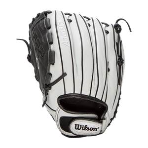 Top-down view of a white and black Wilson A1000 fastpitch softball glove with A1000 text and black lacing.