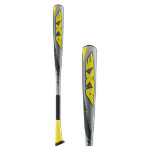 Side view of a gray and yellow Axe Phenom baseball bat with yellow grip and large AXE logo.